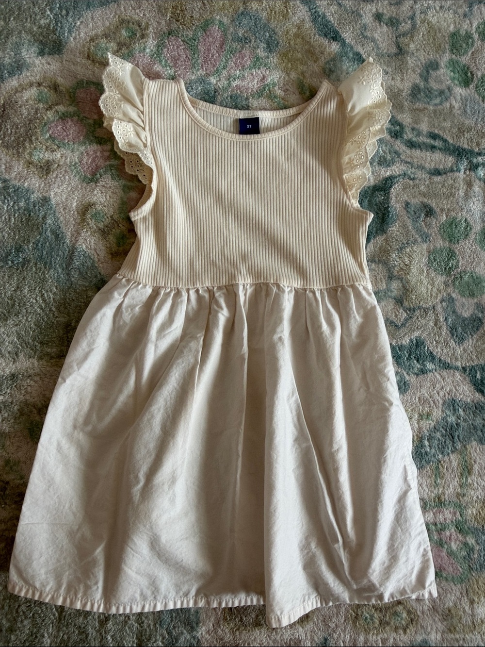 Old Navy Cream Ribbed Bodice Dress with Lace Flutter Sleeves